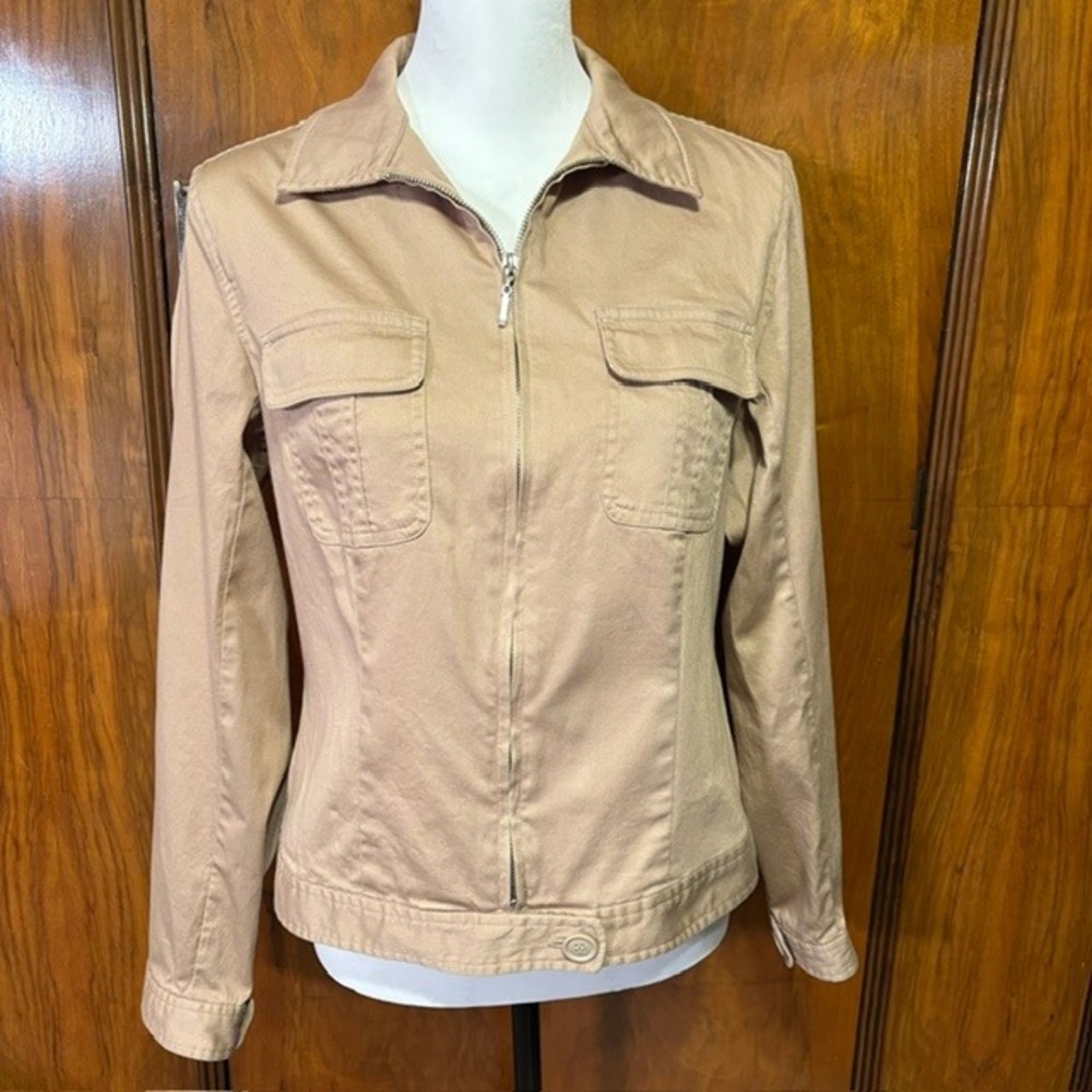 Jones Wear Sport Women Tan Khaki Stretch Full Zip Utility Jacket Size 8